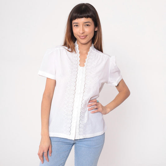 80s White Lace Blouse Scalloped Eyelet Puff Sleeve Textured Diamond Large