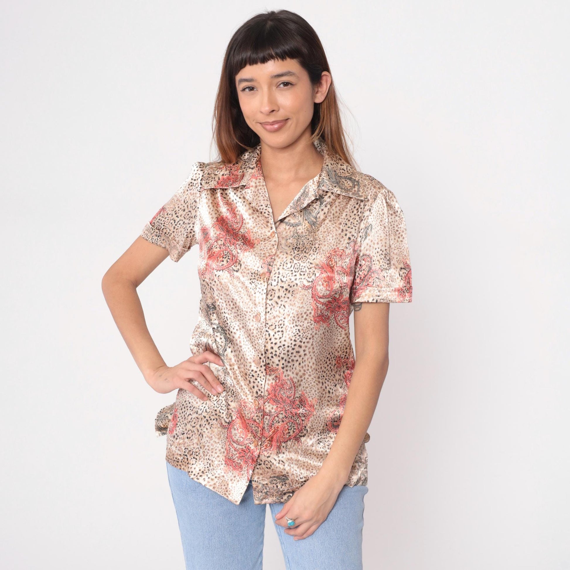 80s Leopard Paisley Satin Blouse Coral Pink Brown Animal Print Collared Medium M