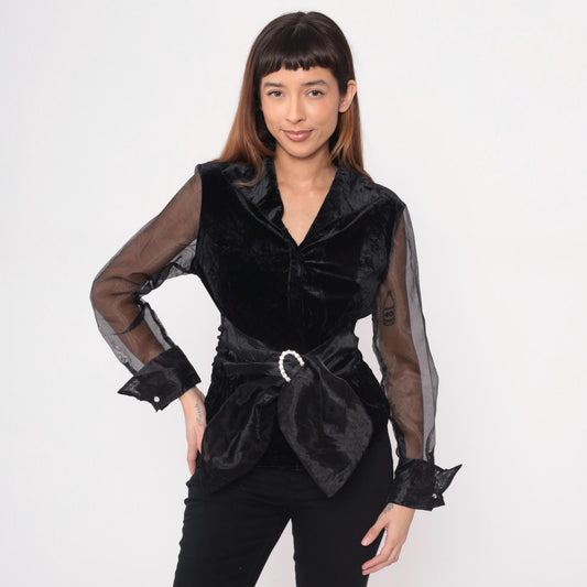90s Black Crushed Velvet Blouse Sheer Organza Sleeves Tie Waist Medium
