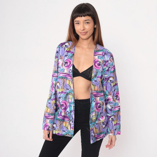 90s Joan Walters Purple Geometric Blazer Open Front Abstract Print Medium
