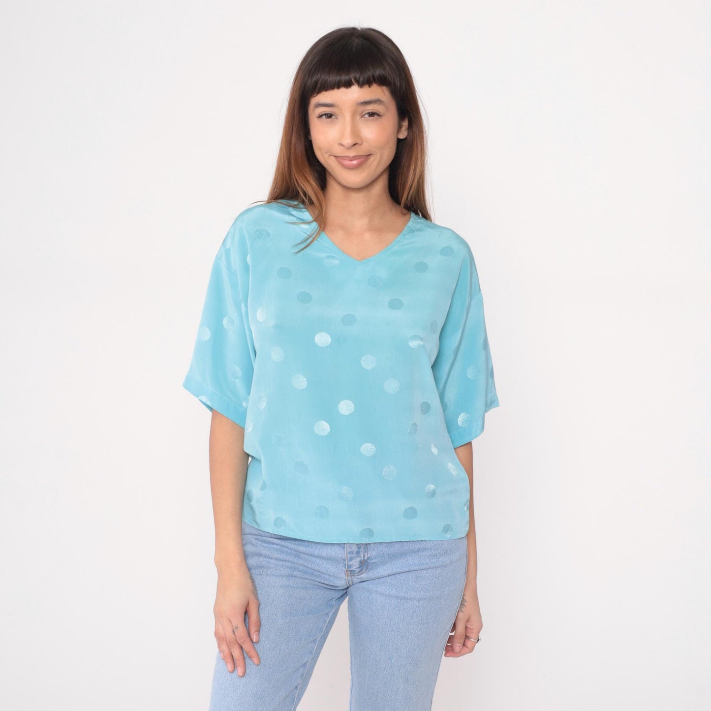 90s Powder Blue Polka Dot V-Neck Blouse Short Sleeve Medium M