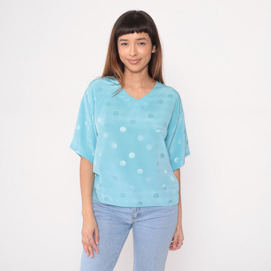 90s Powder Blue Polka Dot V-Neck Blouse Short Sleeve Medium M