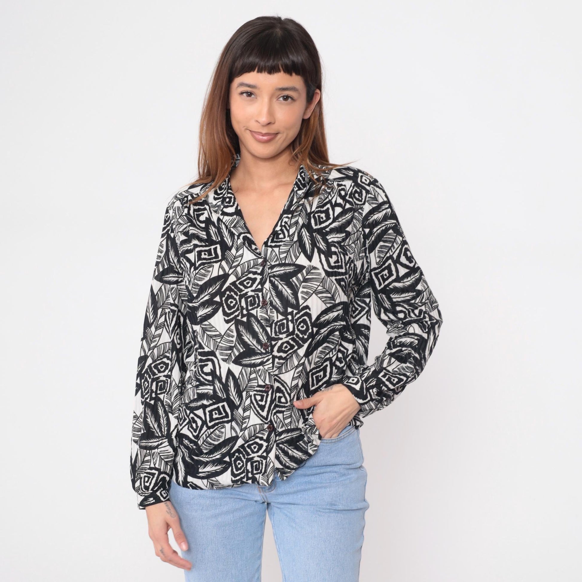 90s Black White Abstract Geometric Blouse Long Sleeve Button Front Large L