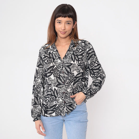 90s Black White Abstract Geometric Blouse Long Sleeve Button Front Large L