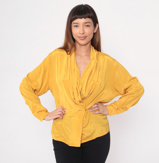 90s Impressions Golden Yellow Wrap Blouse Surplice Neckline Long Sleeve Large L