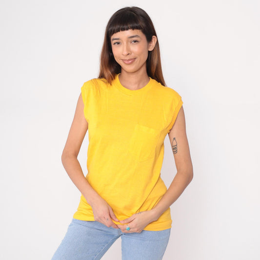 80s McGREGOR Yellow Muscle Tee Tank Top Chest Pocket Tunic Large L