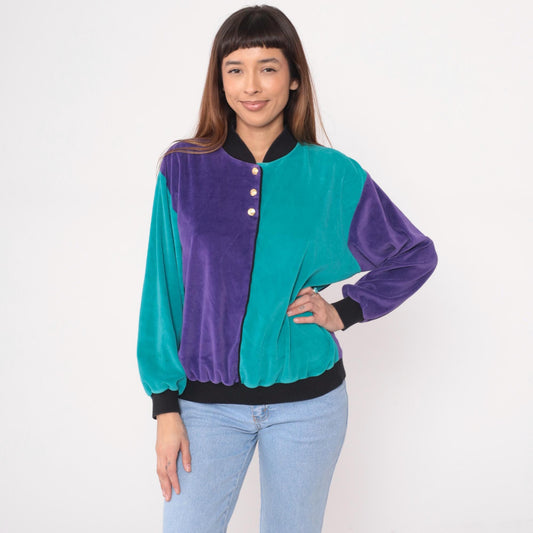 80s Terrycloth Colorblock Bomber Jacket Purple Teal Gold Buttons Medium