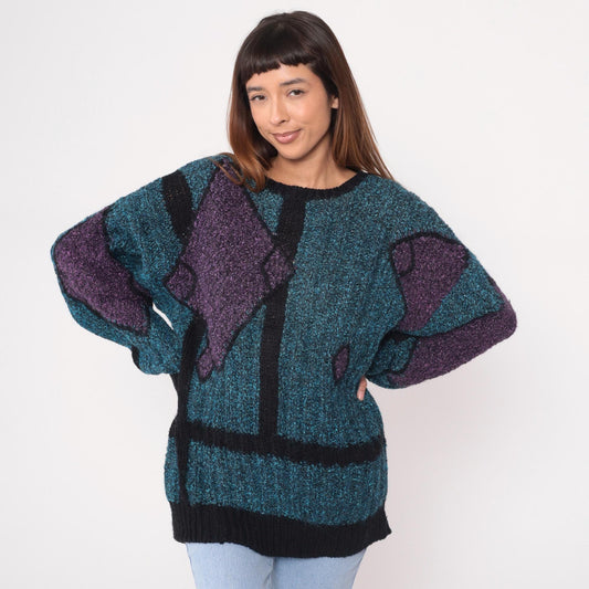 90s Geometric Knit Sweater Teal Purple Black Angular Pattern Crewneck Medium M