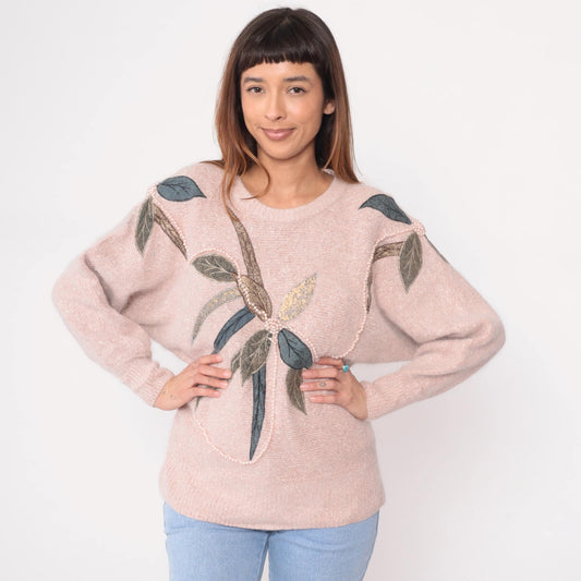 80s Belldini Pink Sweater Leaf Appliqué Beaded Knit Medium M