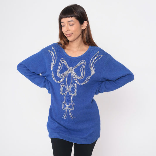 80s Ib Diffusion Periwinkle Blue Sweater Beaded Bow Knit Small