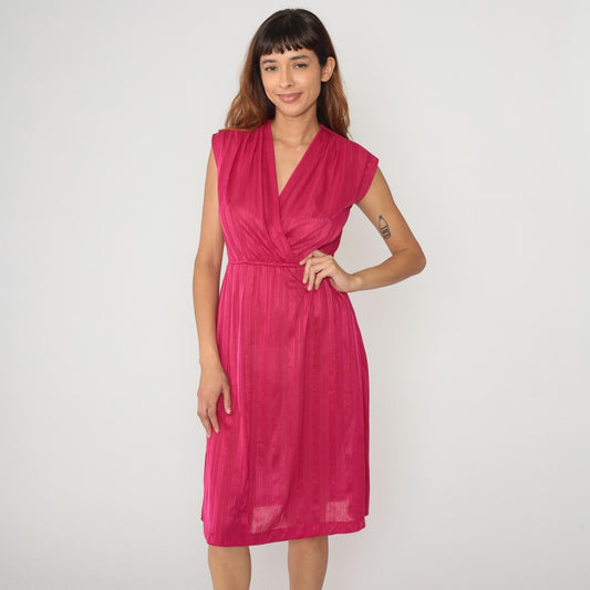 80s Hot Pink Wrap Dress V-Neck Knee Length Striped Small Medium
