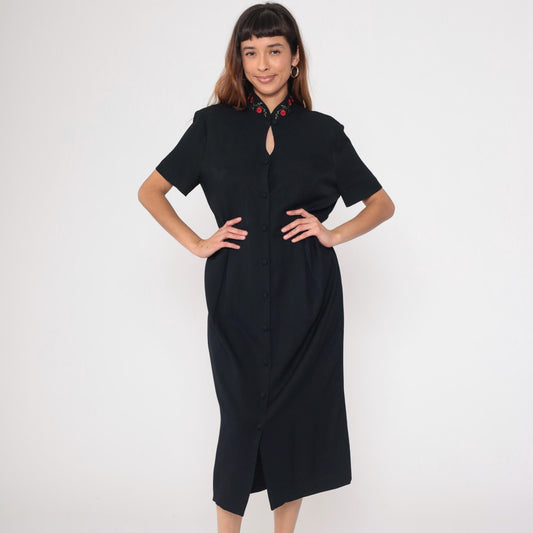 90s SL Fashions Black Midi Dress Mandarin Collar Embroidered Floral Keyhole Large L