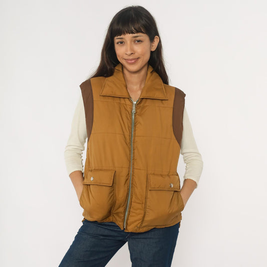 80s Mustard Brown Quilted Puffer Vest Nylon Zip Front Medium