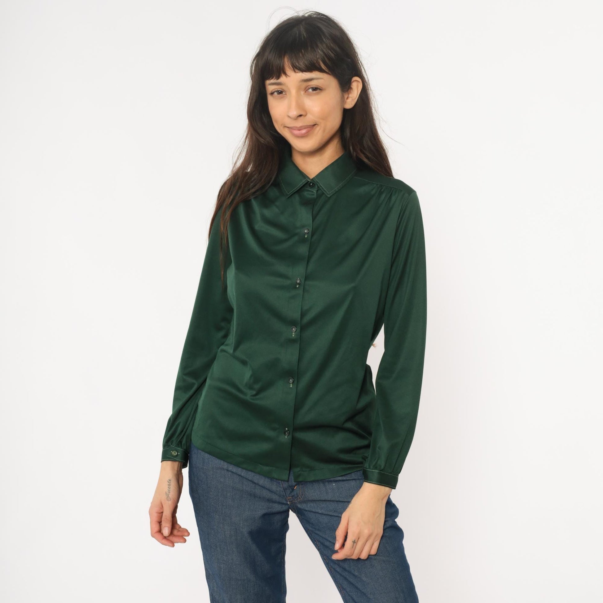 70s Forest Green Button-Front Blouse Long Sleeve Pointed Collar Medium M