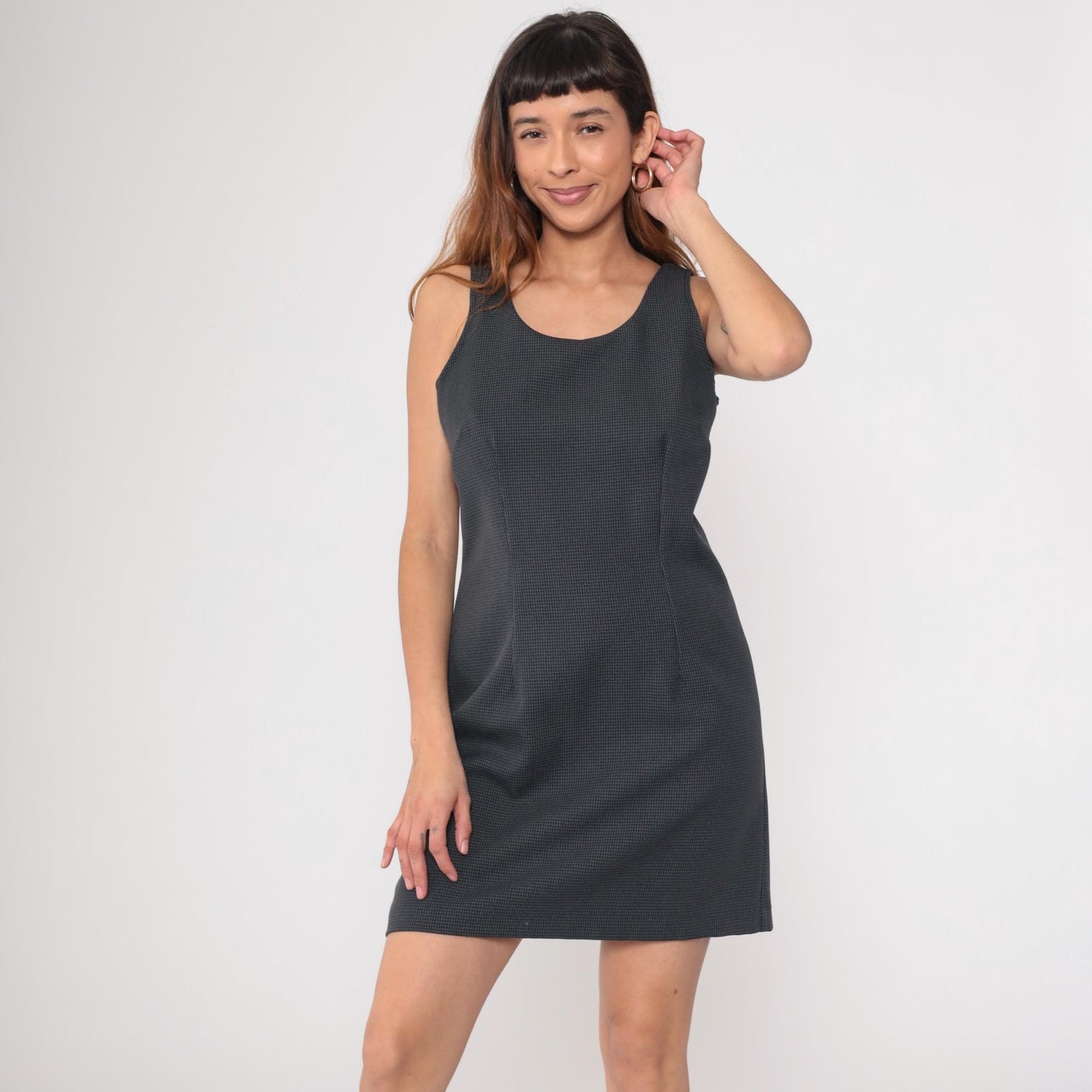 90s Houndstooth Shift Dress Black Grey Scoop Neck Sleeveless Medium