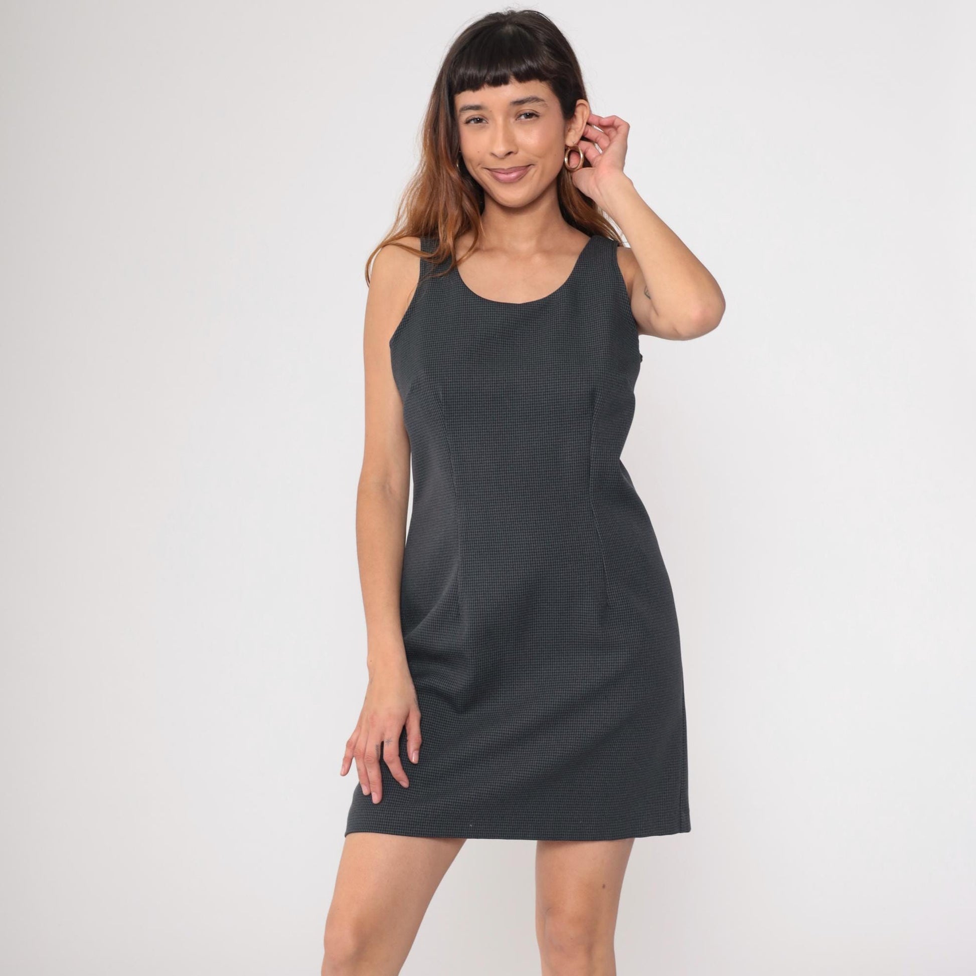 90s Houndstooth Shift Dress Black Grey Scoop Neck Sleeveless Medium