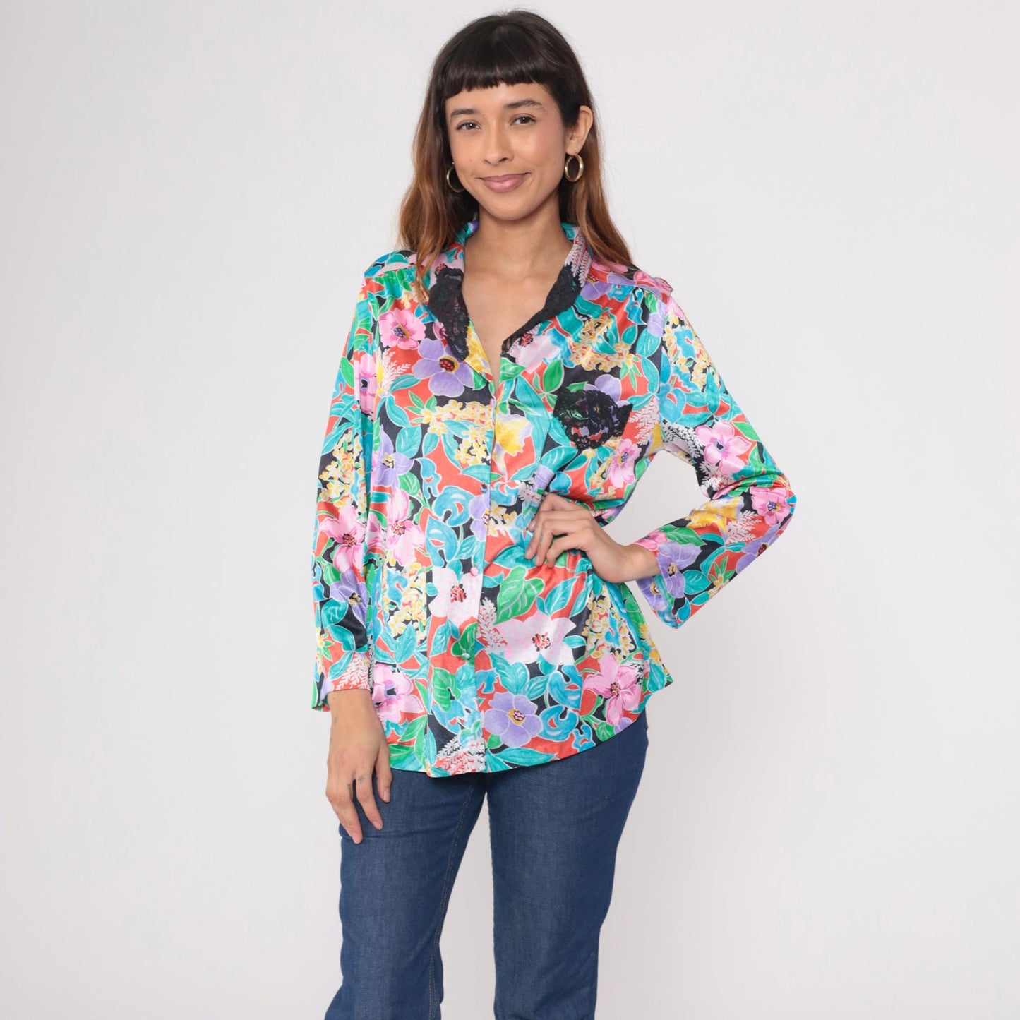 80s Vanity Fair Tropical Floral Button-Up Blouse Pink Purple Turquoise Medium