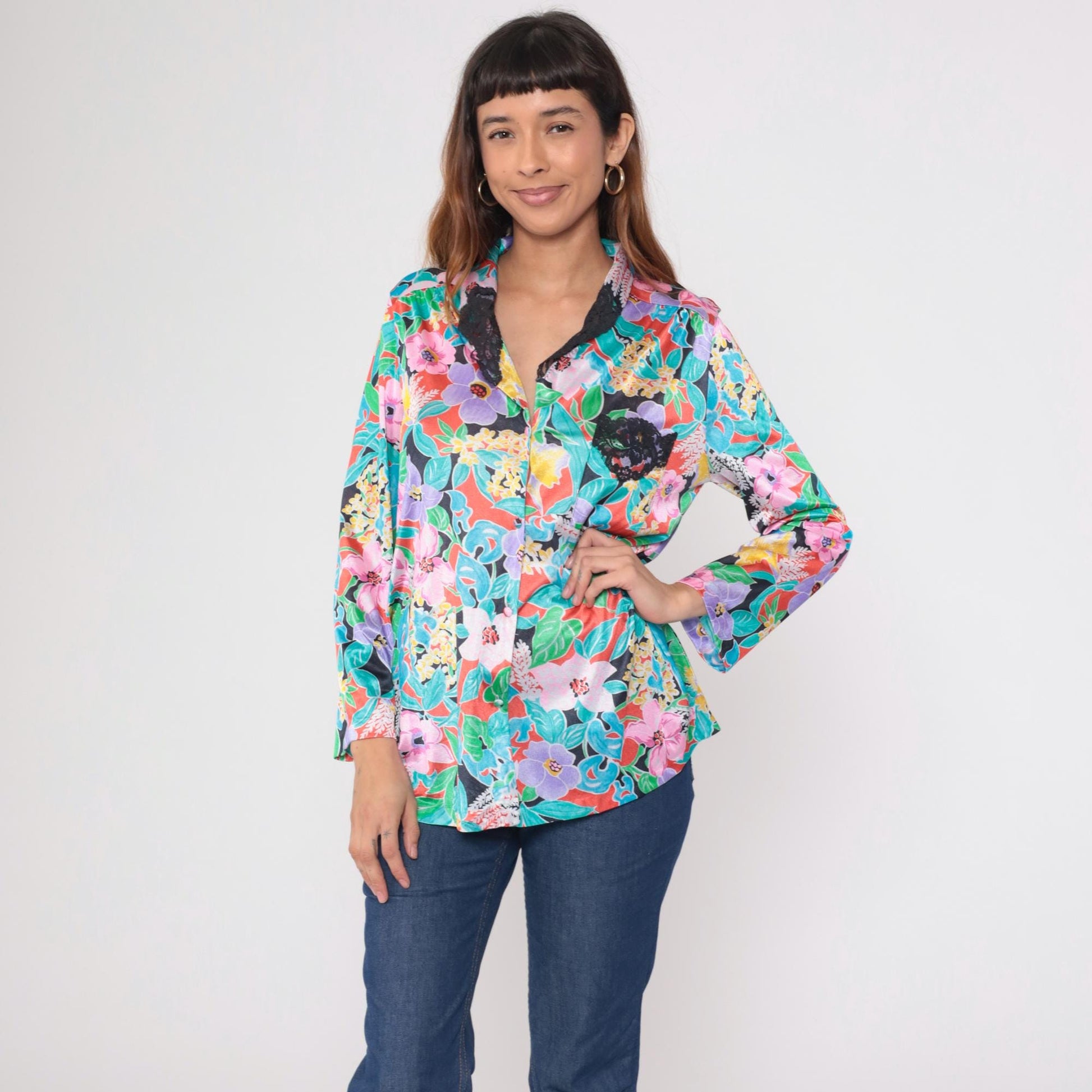 80s Vanity Fair Tropical Floral Button-Up Blouse Pink Purple Turquoise Medium