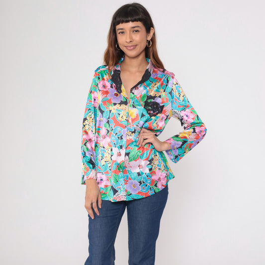80s Vanity Fair Tropical Floral Button-Up Blouse Pink Purple Turquoise Medium