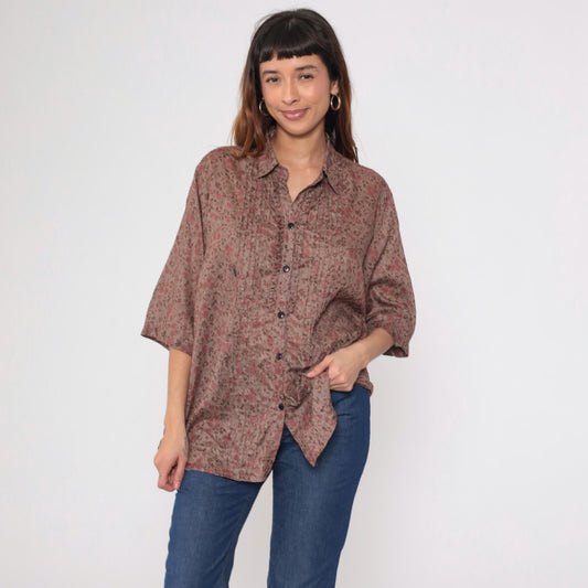 Y2K Sheryll Ellein Floral Button-Up Blouse Pintuck 3/4 Sleeve Beige Extra Large XXL