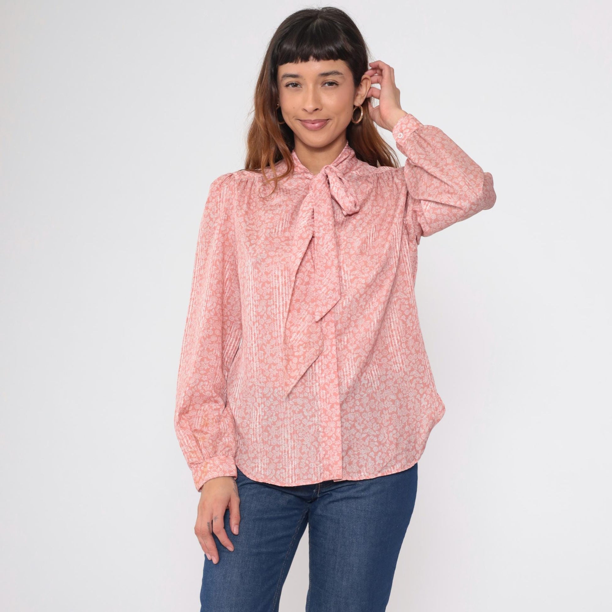 80s Evan Picone Pink Floral Bow Blouse Long Sleeve Medium M