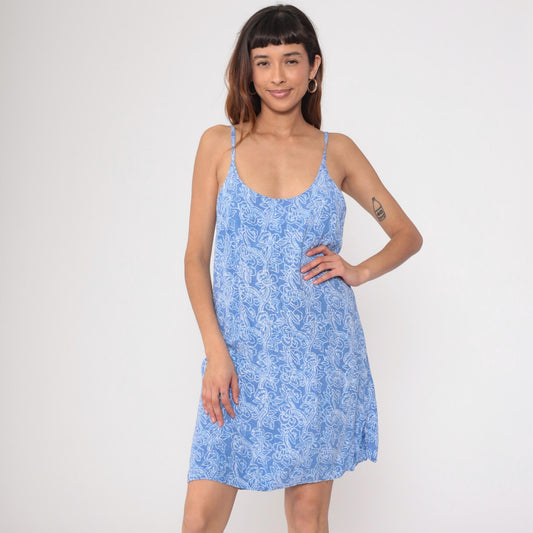 90s Blue Ginger Slip Dress Floral Print Spaghetti Strap Small
