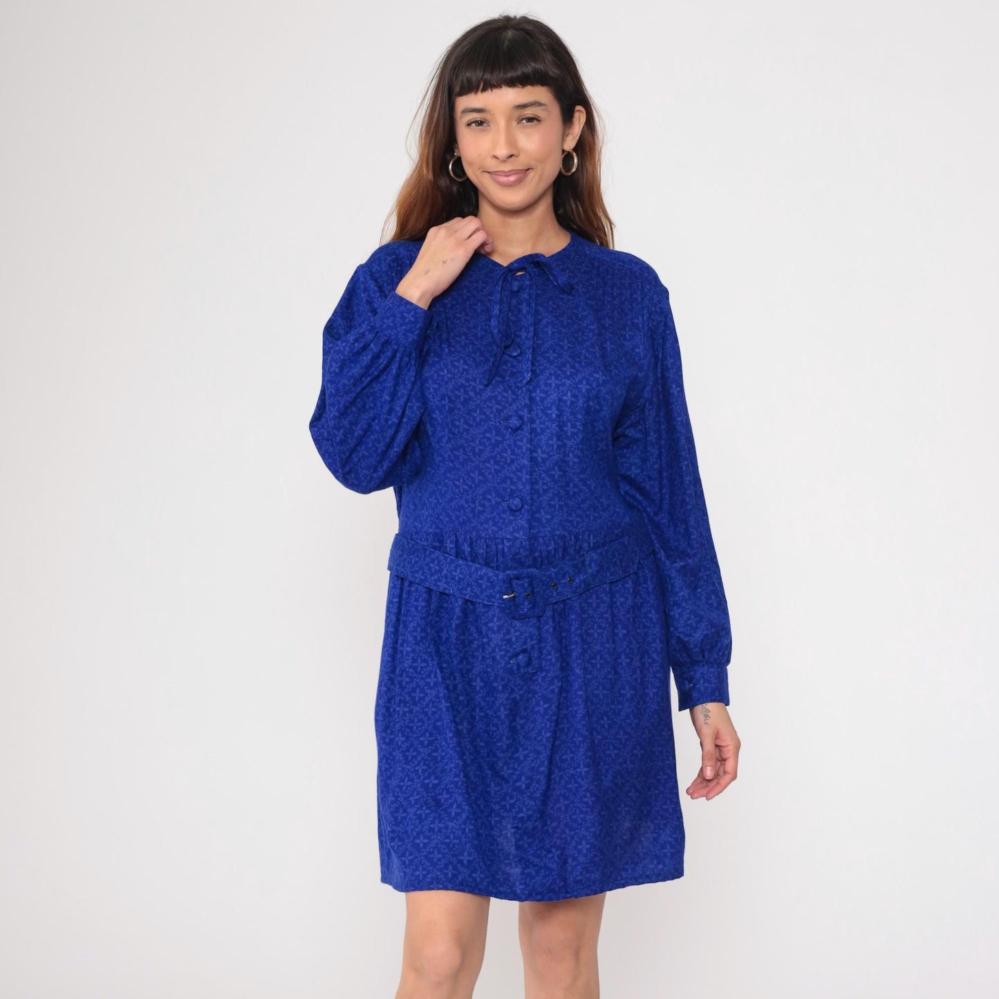 90s Royal Blue Tie Neck Shirt Dress Belted Waist Long Sleeve Medium