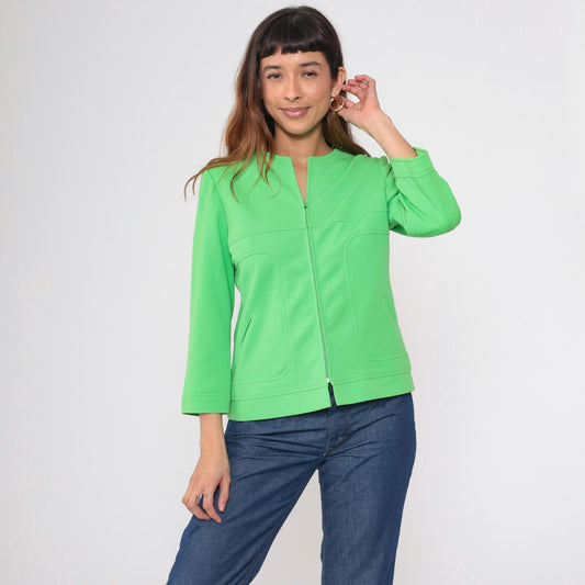 70s Lime Green Zip-Front Jacket Collarless Mod Blazer Medium M