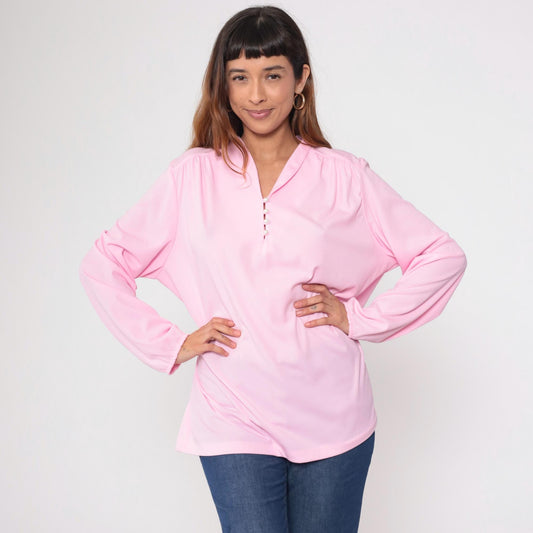 70s Pink Pearl Button Collared Blouse Gathered Shoulders Extra Large