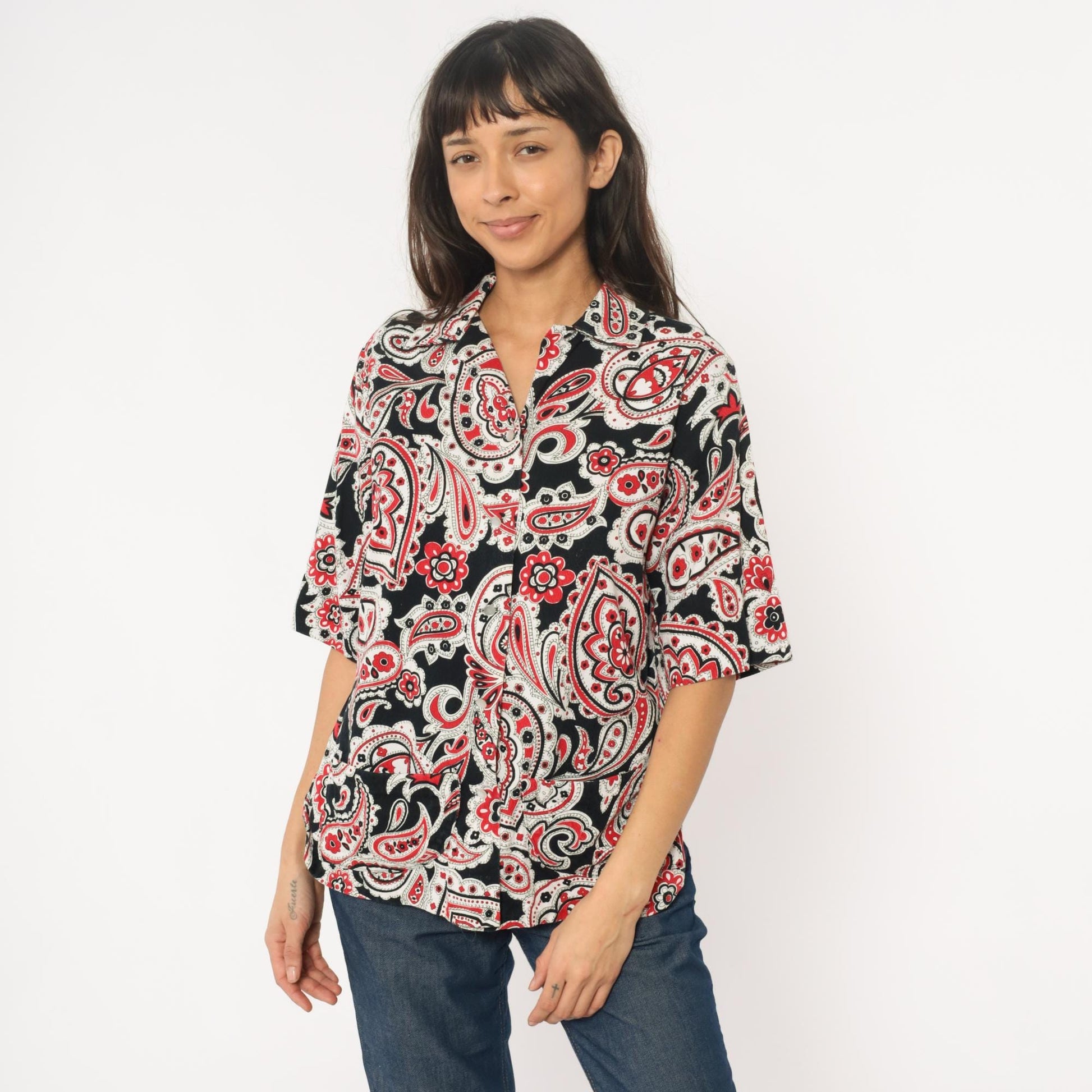 70s Jean Marie Paisley Button-Up Shirt Black Red White Medium