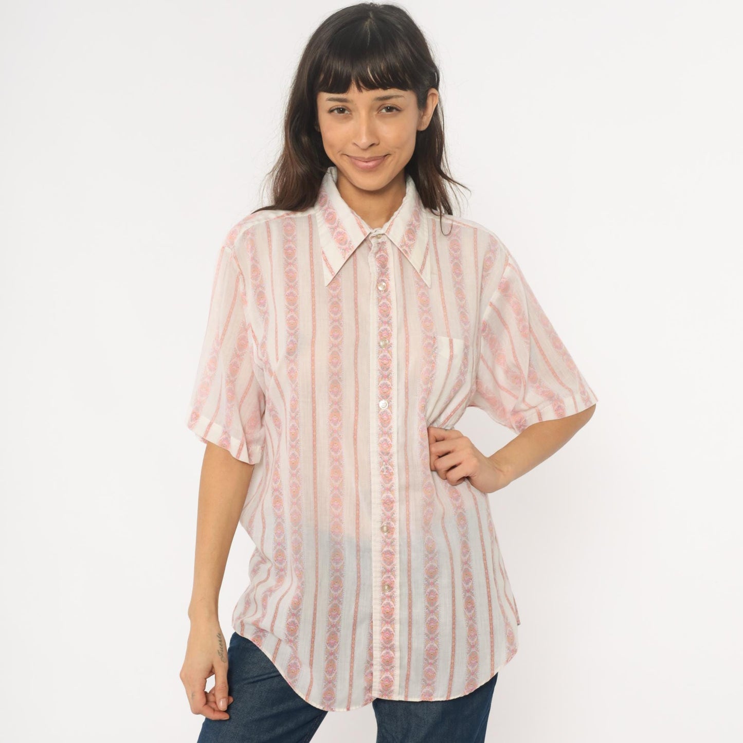 70s Campus Pink Striped Paisley Button-Down Blouse Pointed Collar Large L