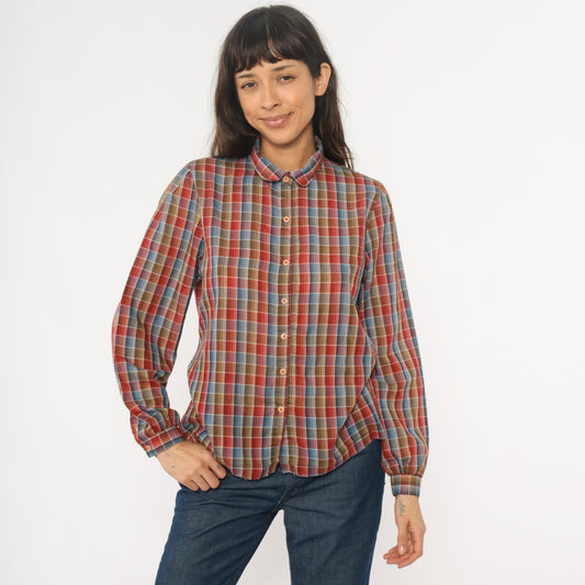 80s West Coast Connection Plaid Button Down Shirt Red Blue Small