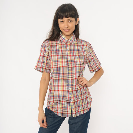 90s Multicolor Plaid Button-Up Shirt Cotton Short Sleeve Small S