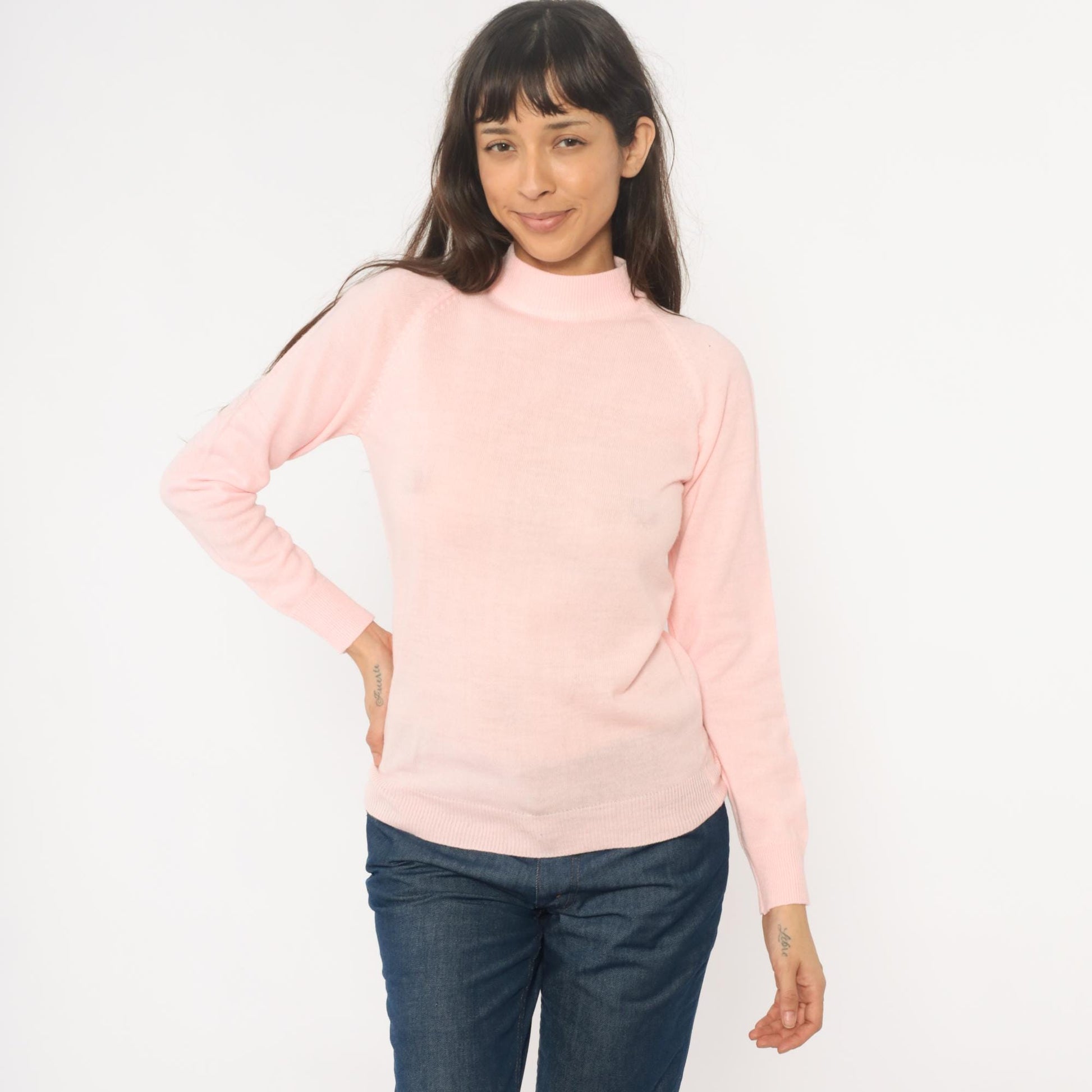 70s Pink Mock Neck Sweater Acrylic Knit Ribbed Cuffs Back Zip Small S