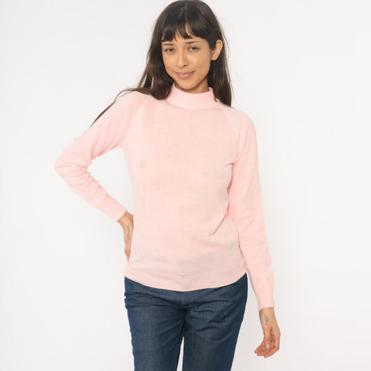 70s Pink Mock Neck Sweater Acrylic Knit Ribbed Cuffs Back Zip Small S