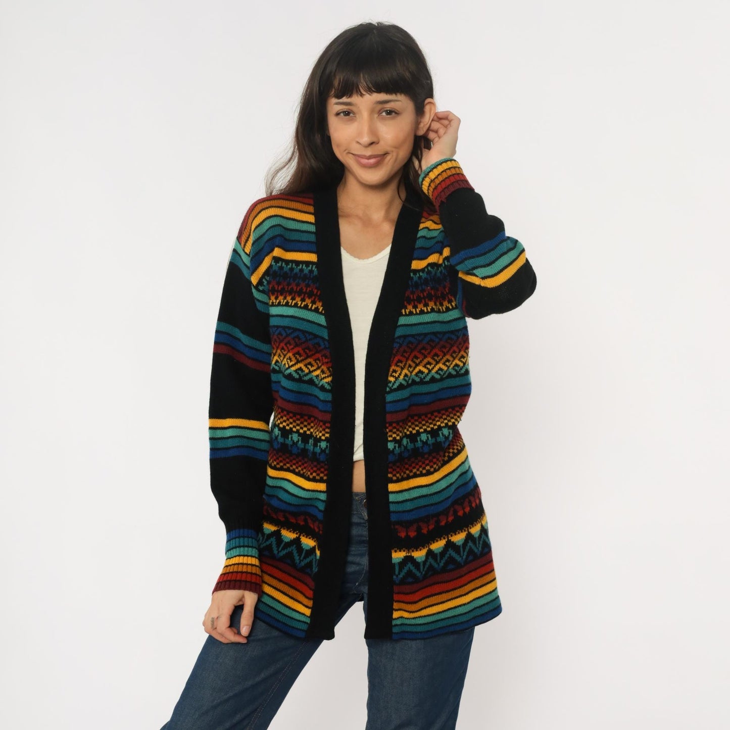70s Black Cardigan Multicolor Striped Geometric Knit Sweater Medium M