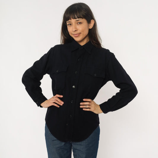 70s Dark Blue Wool CPO Shirt Button Front Pointed Collar Large