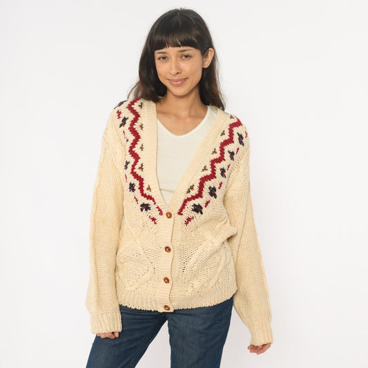 90s Fair Isle Cardigan Cream Cable Knit Button Front Nordic Pattern Medium M
