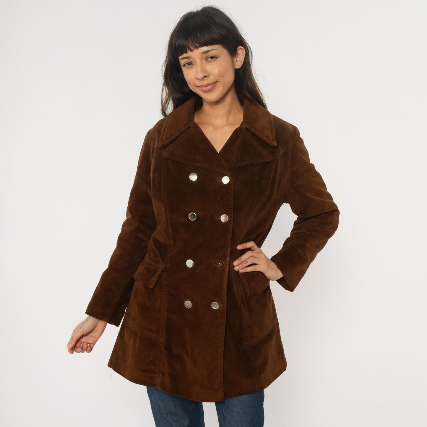 70s Chocolate Brown Corduroy Coat Double Breasted Knee Length Fleece Lined Medium