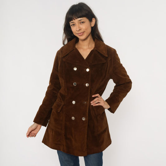 70s Chocolate Brown Corduroy Coat Double Breasted Knee Length Fleece Lined Medium
