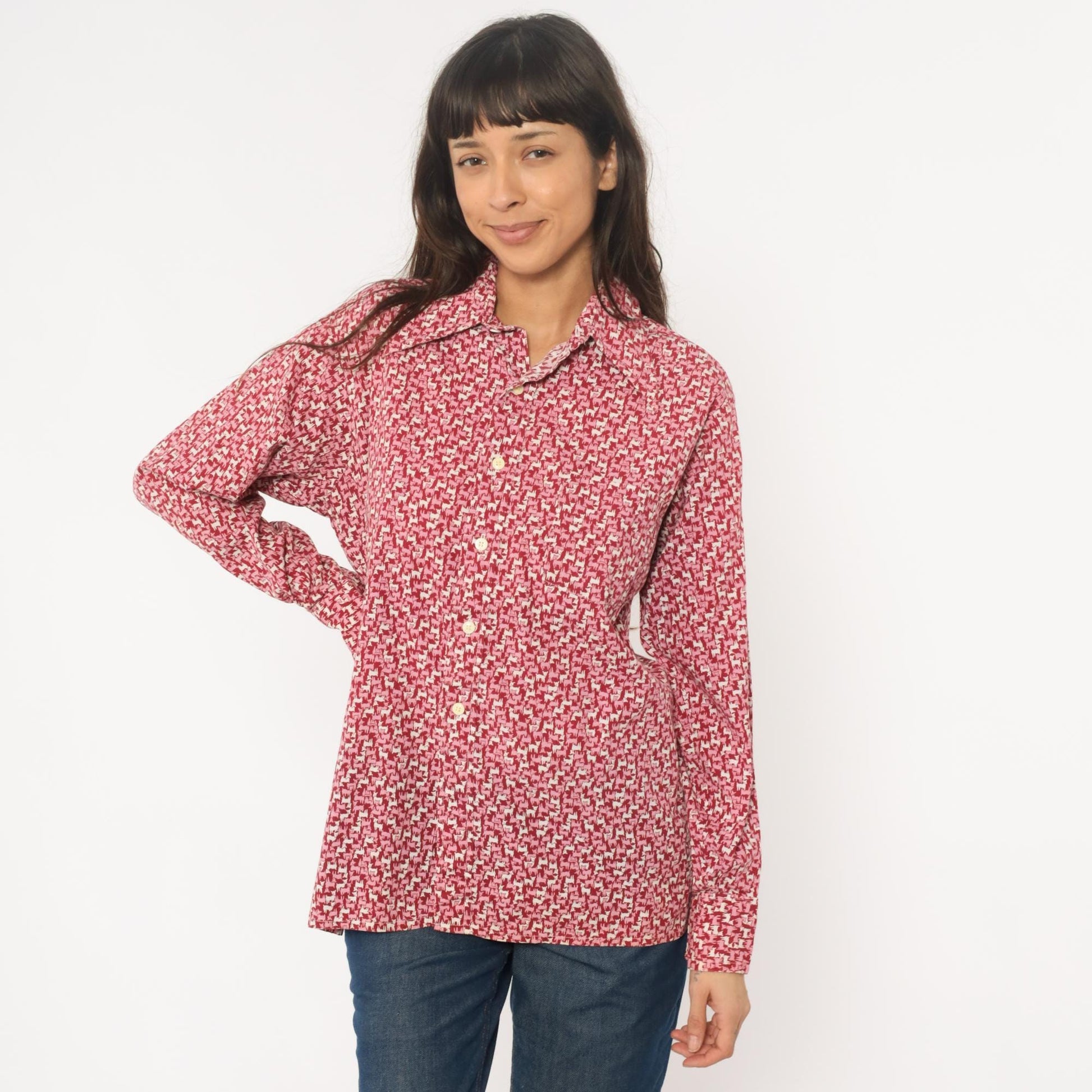 70s Van Heusen Lamb Print Button-Up Blouse Red Cream Pointed Collar Large L