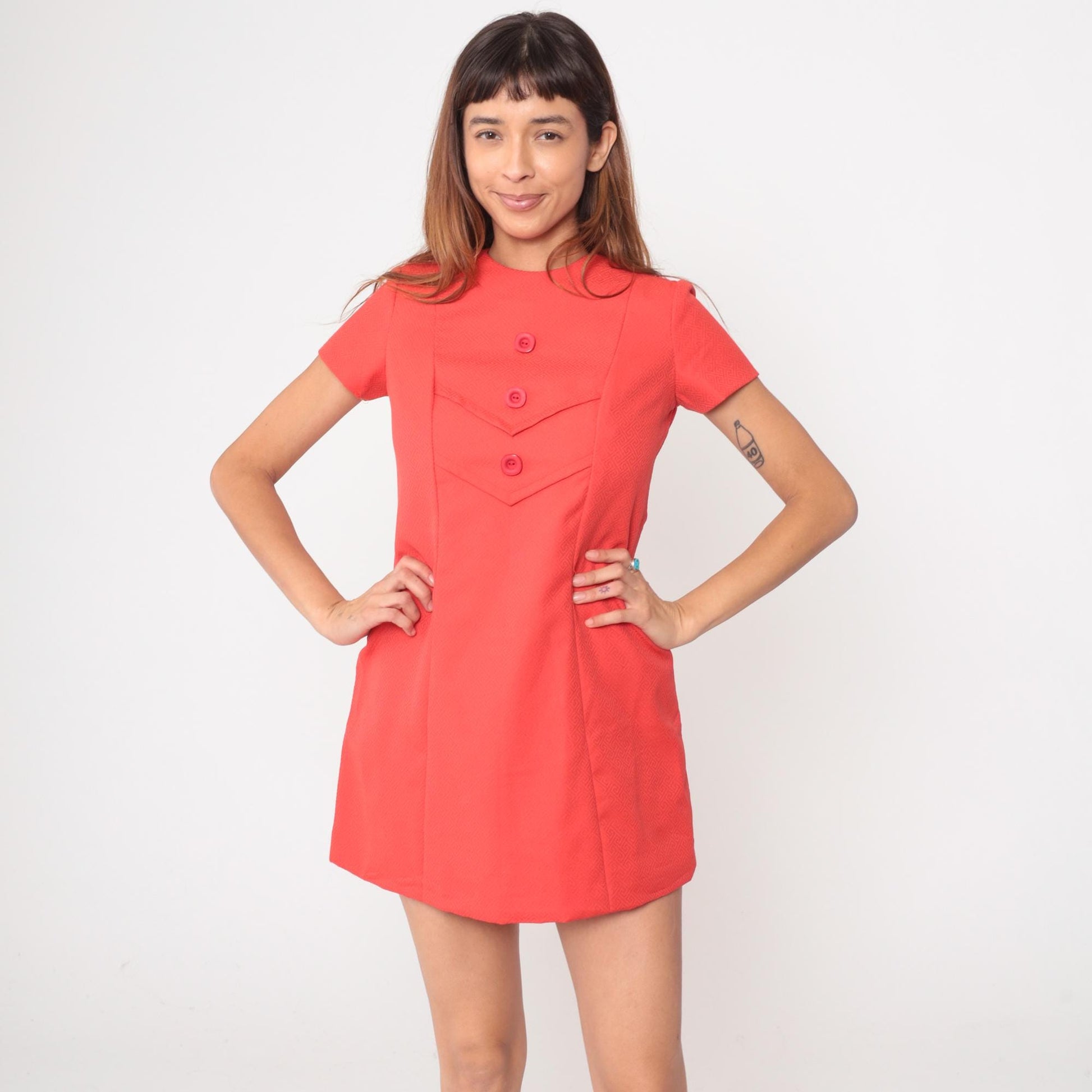 60s Coral Mod Mini Dress Shift A-Line Chevron Short Sleeve Small S