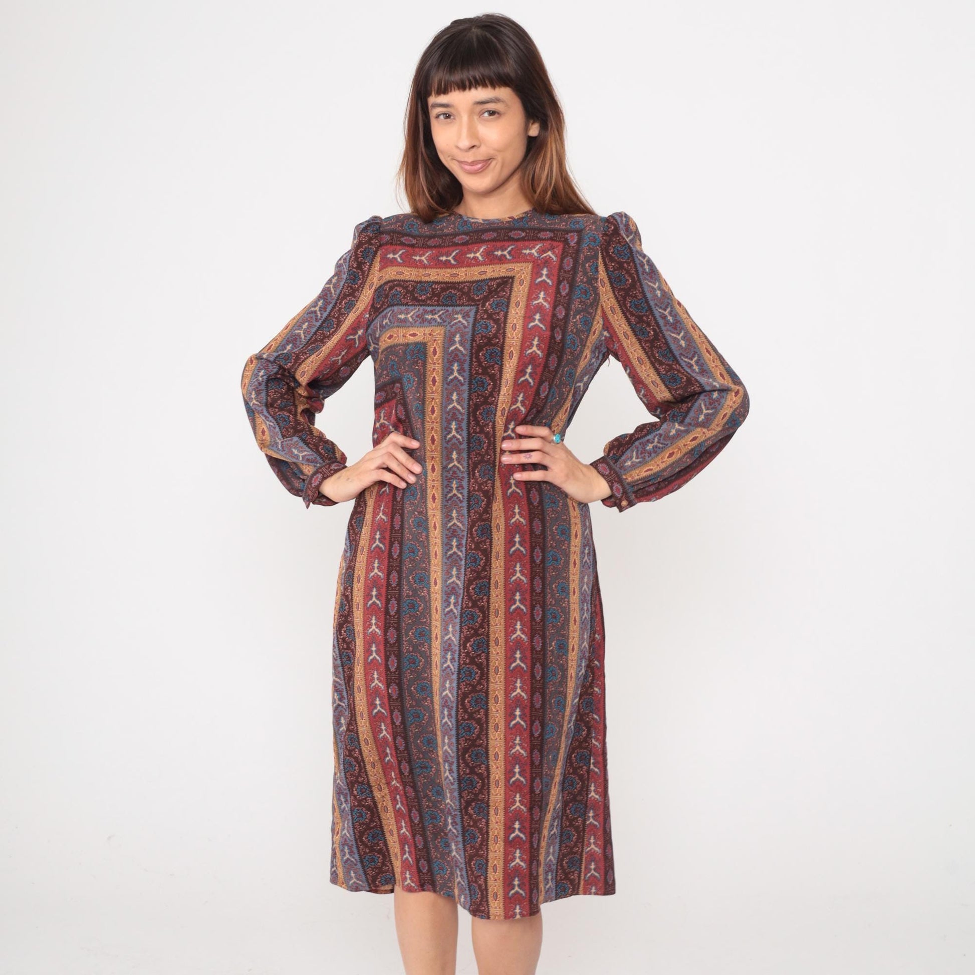 80s Leslie Fay Geometric Midi Dress Long Sleeve Burgundy Teal Medium