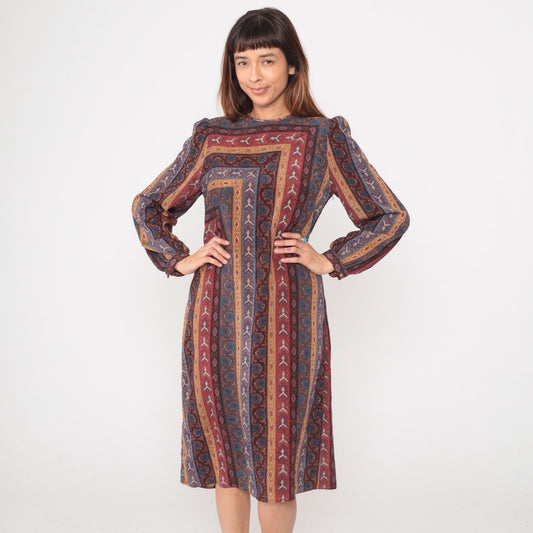 80s Leslie Fay Geometric Midi Dress Long Sleeve Burgundy Teal Medium
