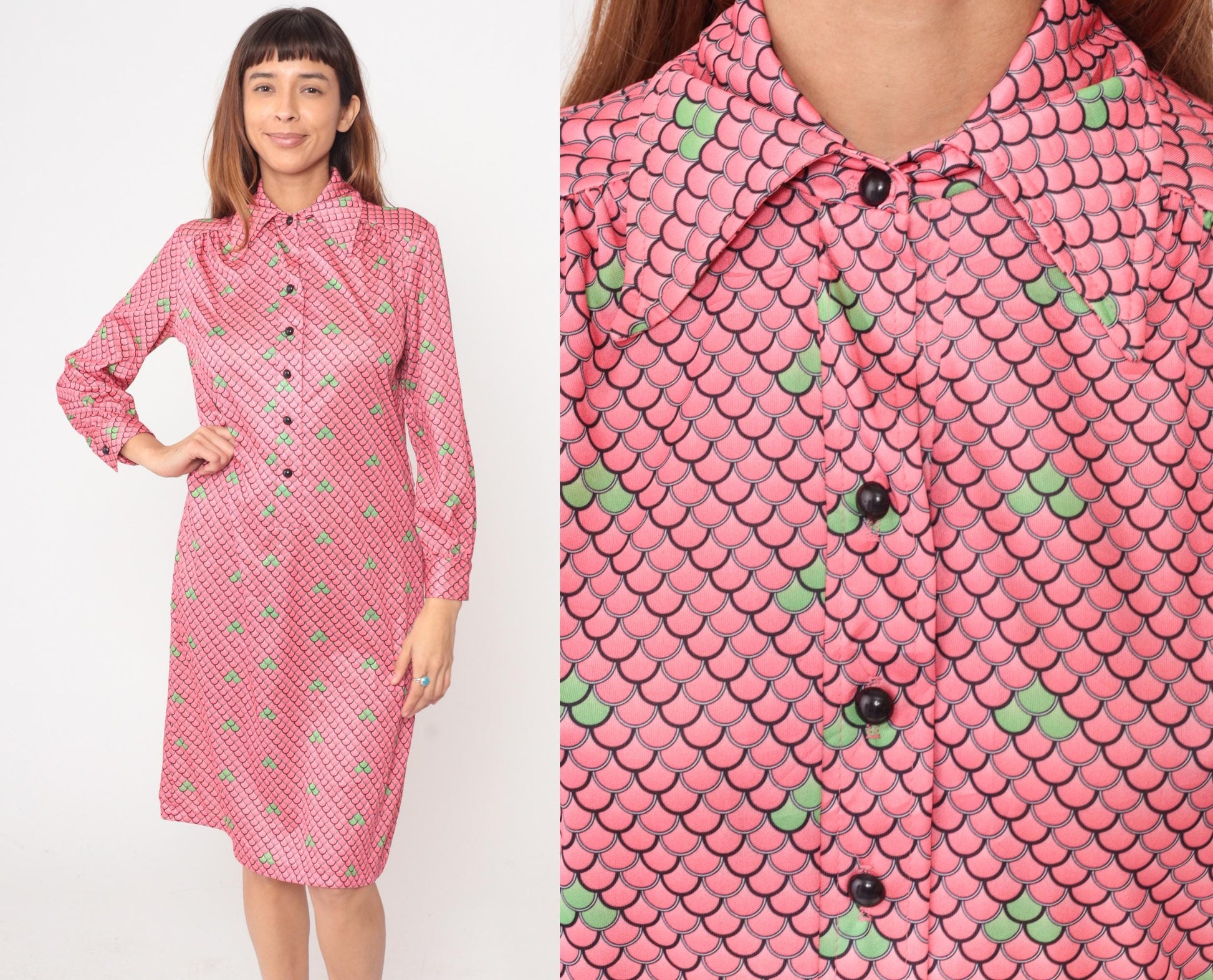 70s Lee Morton Chicago Pink Scale Print Shirt Dress Knee Length Large L