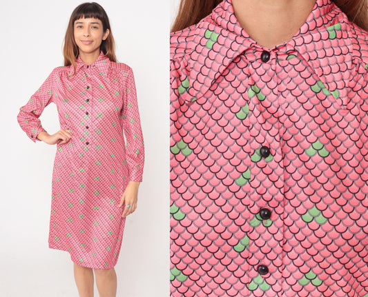 70s Lee Morton Chicago Pink Scale Print Shirt Dress Knee Length Large L