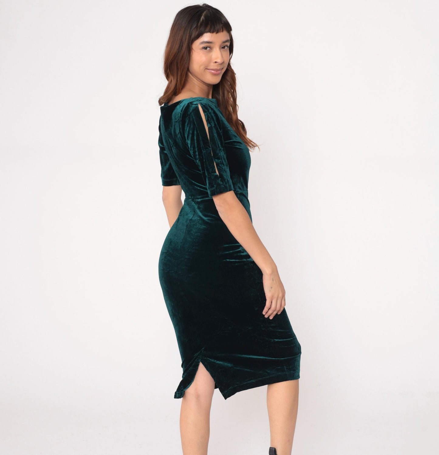 90s Style Camp Emerald Velvet Midi Dress Boat Neck Medium M