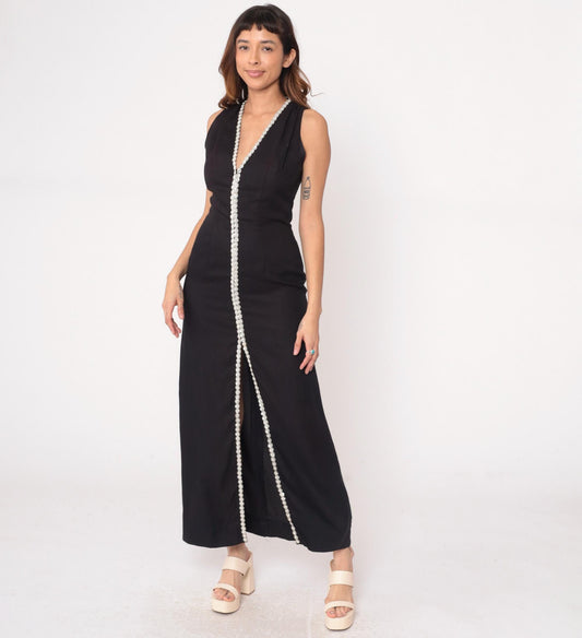 70s Black Maxi Dress White Sequin Beaded V-Neck Sleeveless Column Medium M
