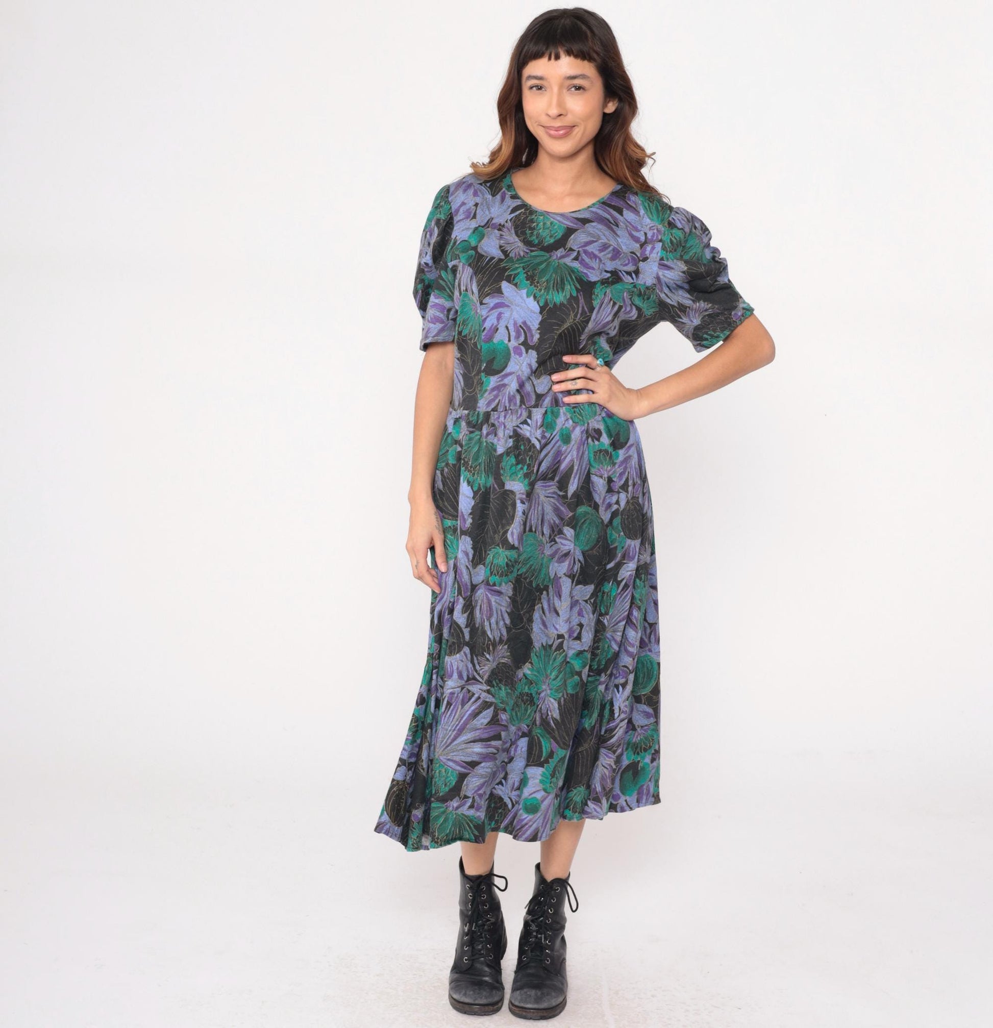90s Scandels Black Floral Maxi Dress Purple Green Puff Sleeve Drop Waist Medium