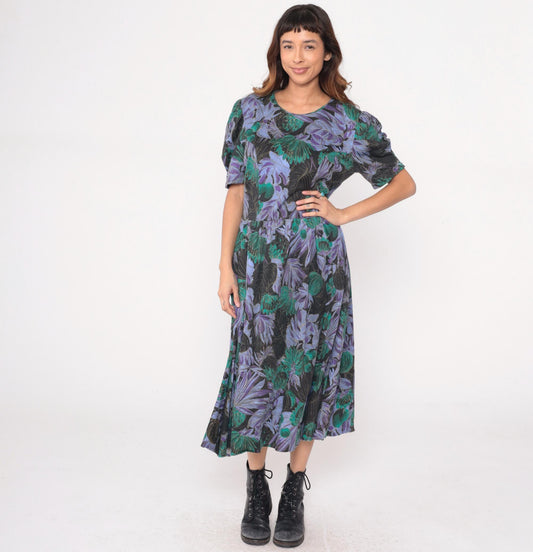 90s Scandels Black Floral Maxi Dress Purple Green Puff Sleeve Drop Waist Medium